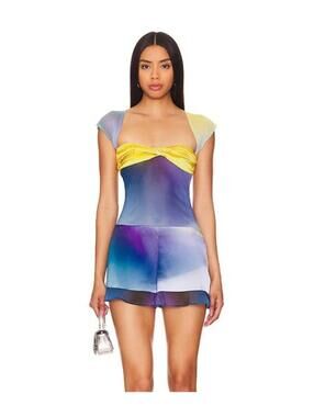 NWT Mirae Louana Romper Y2K Silk Blue Yellow US 8 EU40 Vacation Resort Wear $379